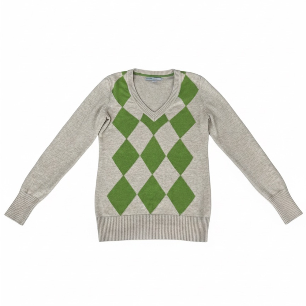 Old Navy Preppy Argyle V-Neck Sweater | Oatmeal & Lime Green | XS | EUC